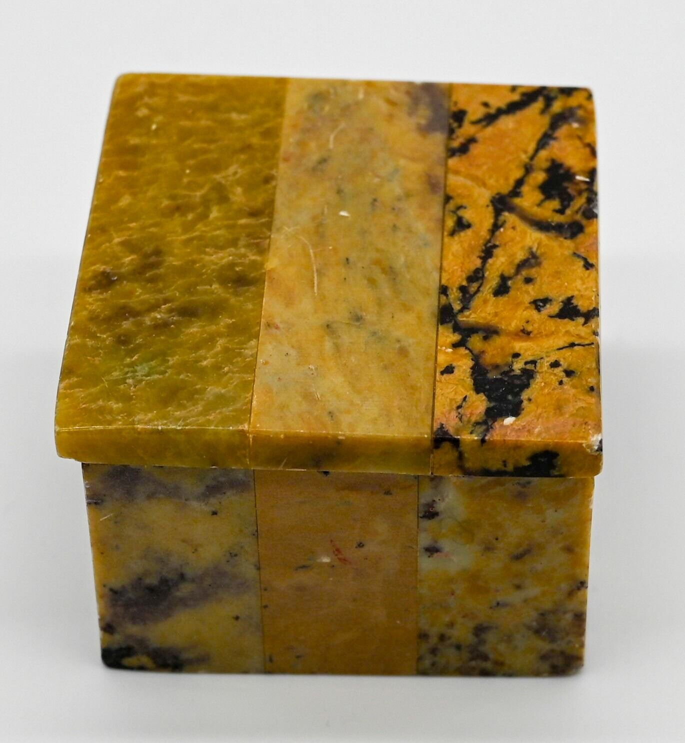 Vintage Polished Marble Tri-color Stone Square Shaped Lidded Trinket Box
