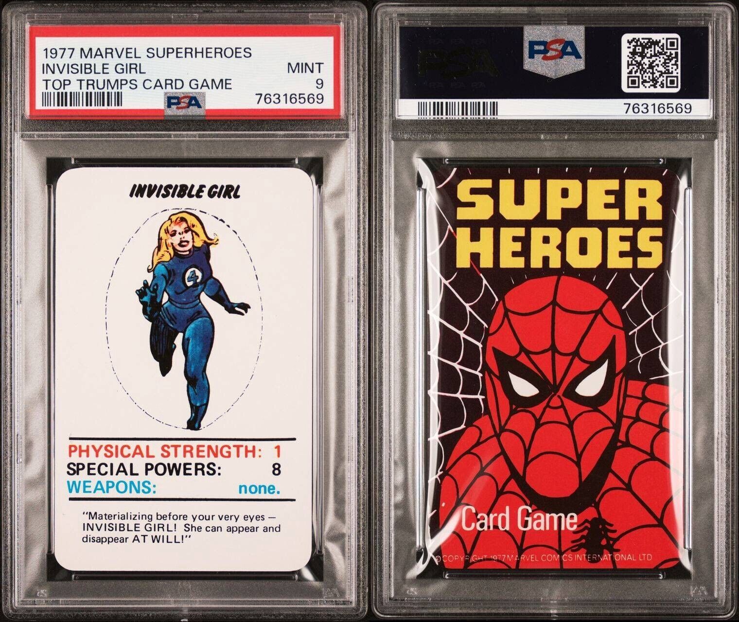 1977 MARVEL SUPERHEROES INVISIBLE GIRL TOP TRUMPS CARD GAME PSA 9 MINT POP 2