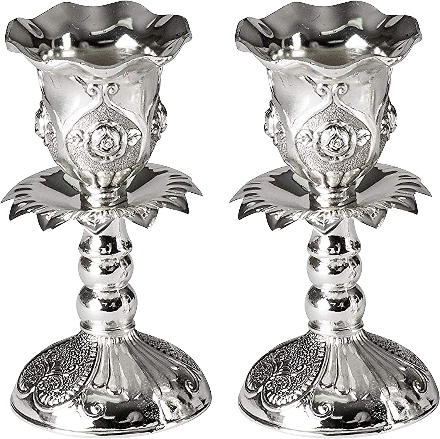 Silver Plated Candlesticks - 2 Pack Set - Pair of 4 Inch Ornate Candle Holders w