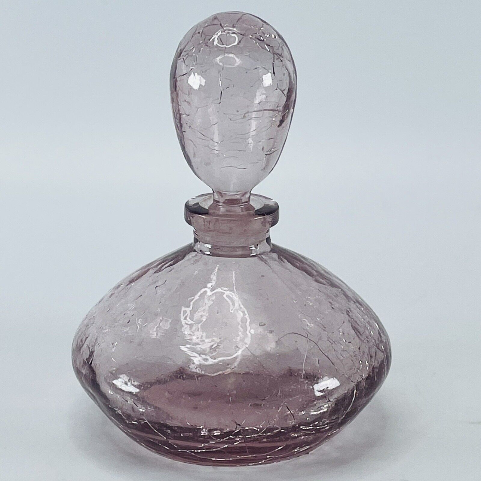 Pink Purple Crackle Glass VTG Perfume Bottle Glass Stopper Lavender Lilac 4 inch