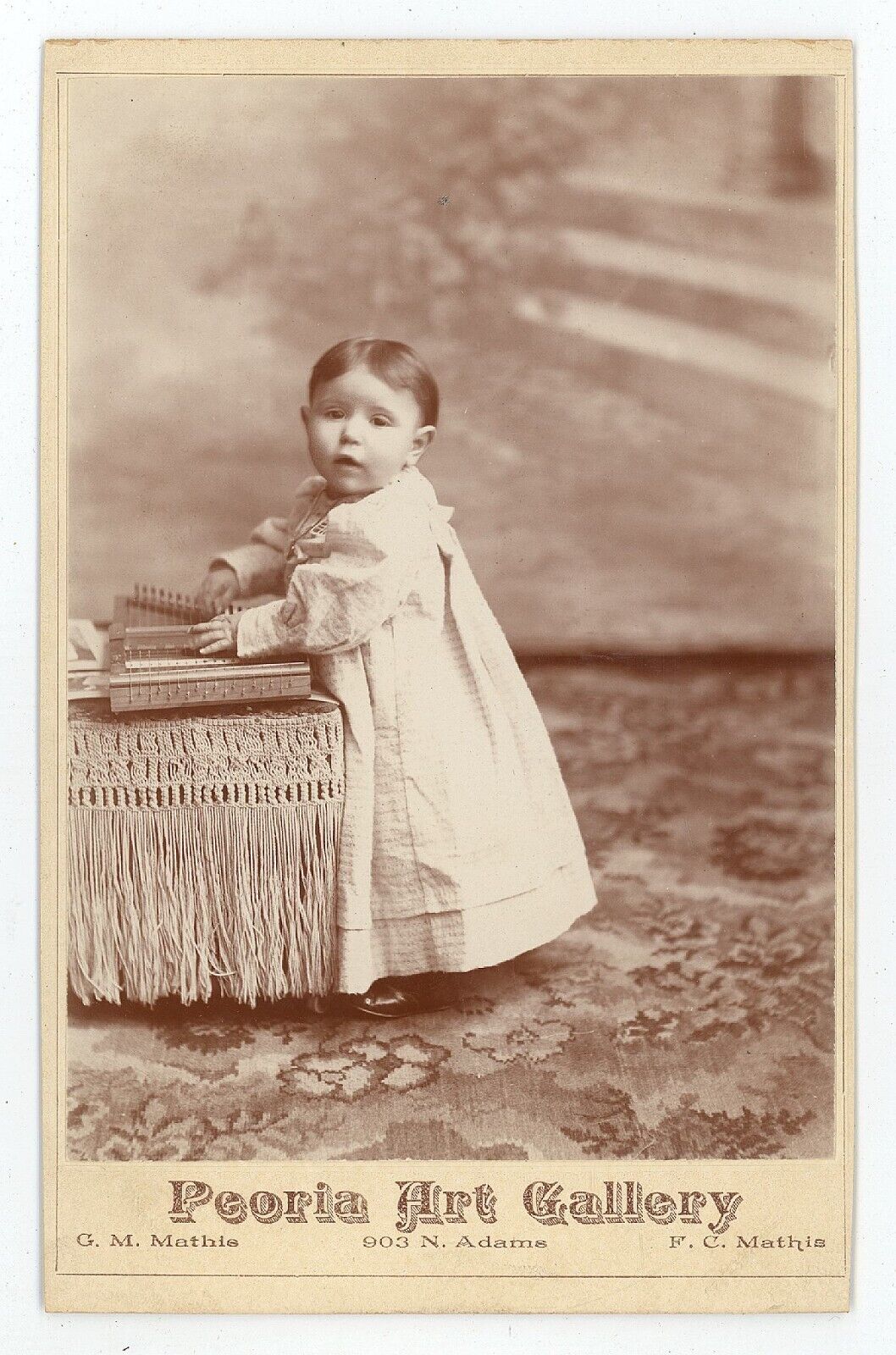 Antique c1880s Cabinet Card Mathis Adorable Child Playing Dulcimer Peoria, IL