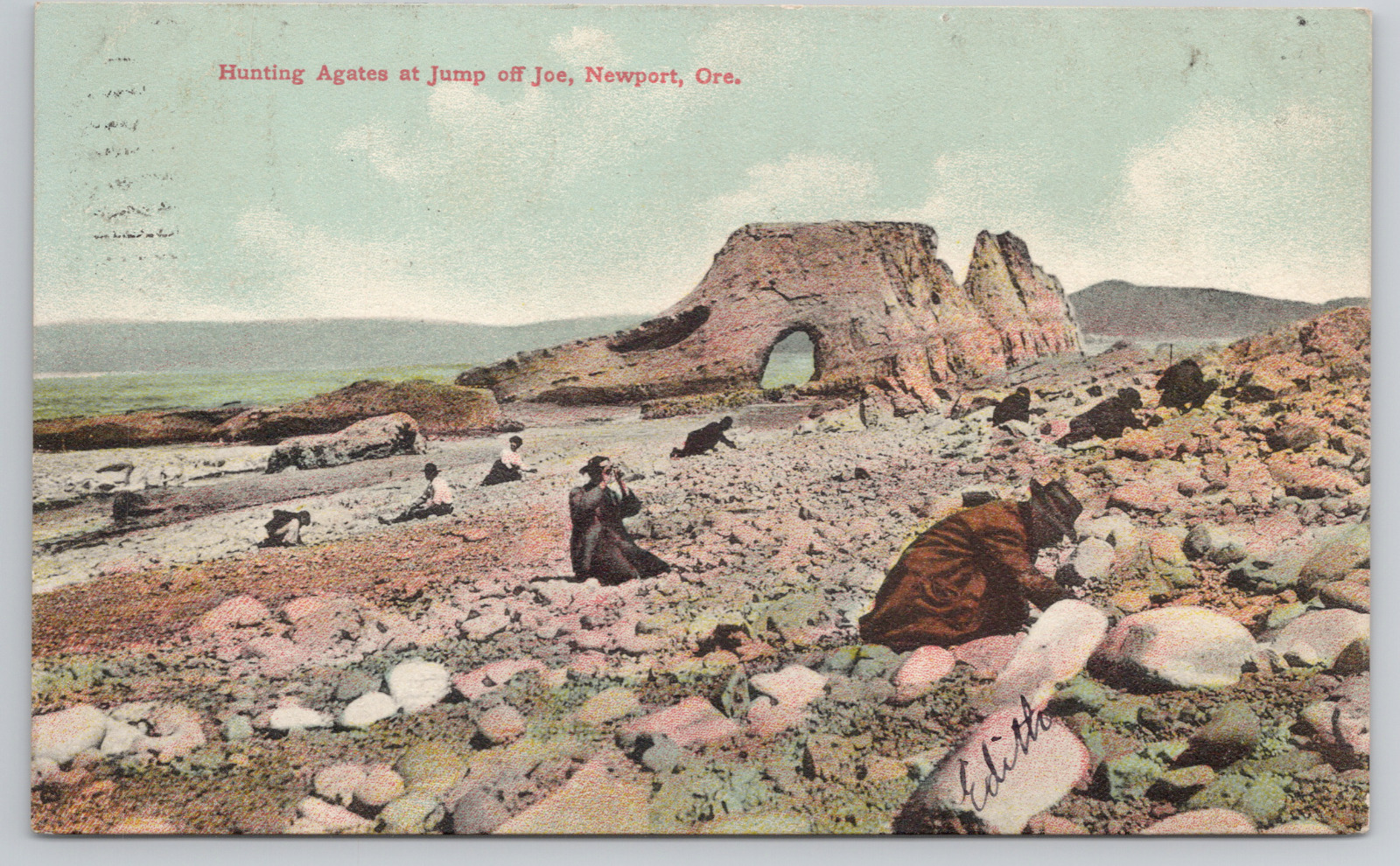Hunting Agates Jump Off Joe Nye Beach Newport OR Antique 1911 Postcard - Posted