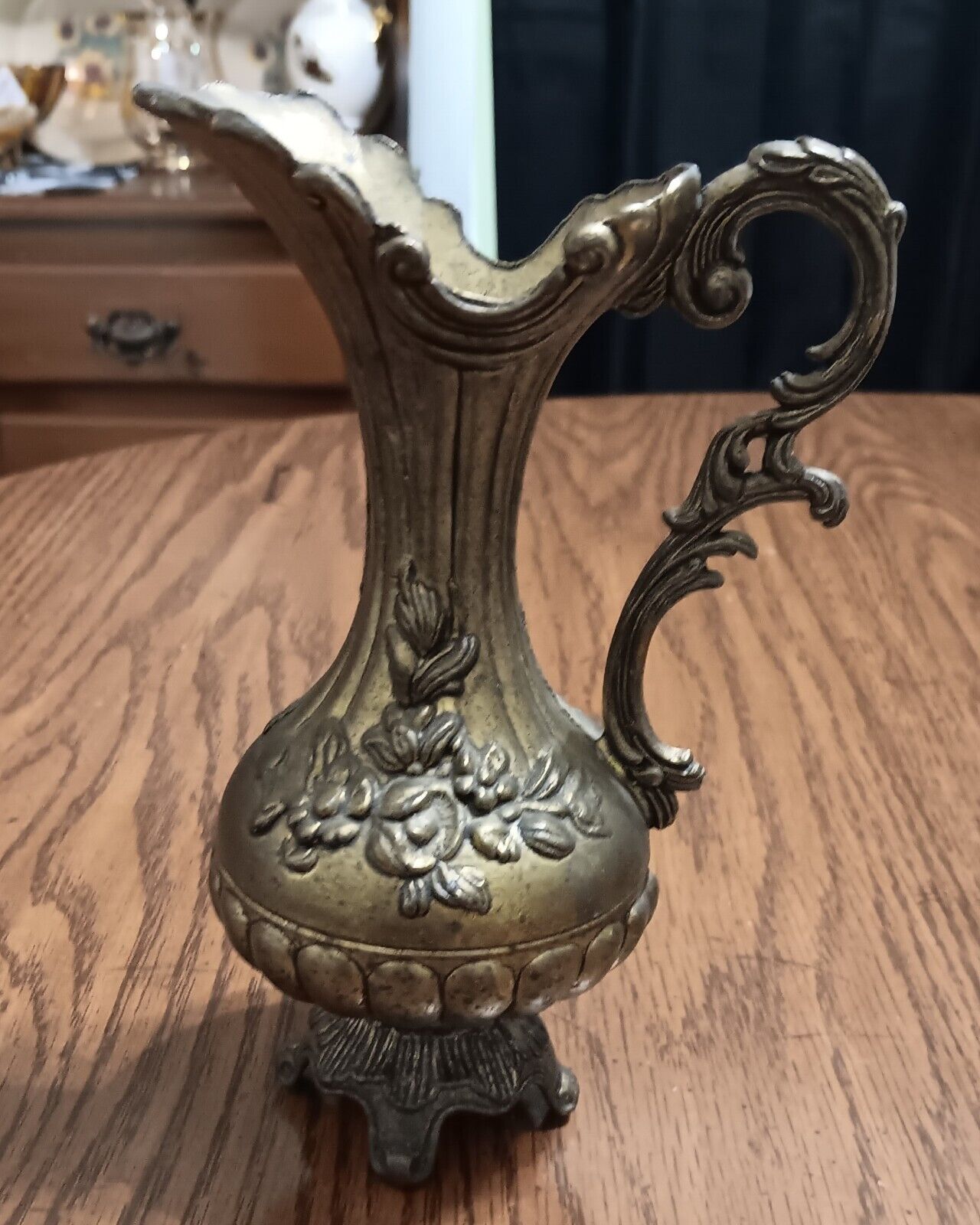 Vintage Italian Footed Floral Embossed Brass Pitcher/Vase 7\