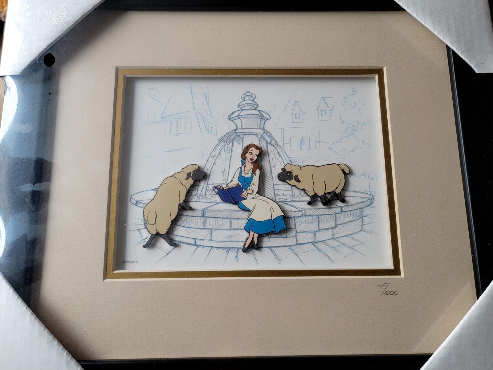 DISNEY\'S BEAUTY AND THE BEAST BELLE W/ SHEEP AT FOUNTAIN FRAMED PIN SET LE1000