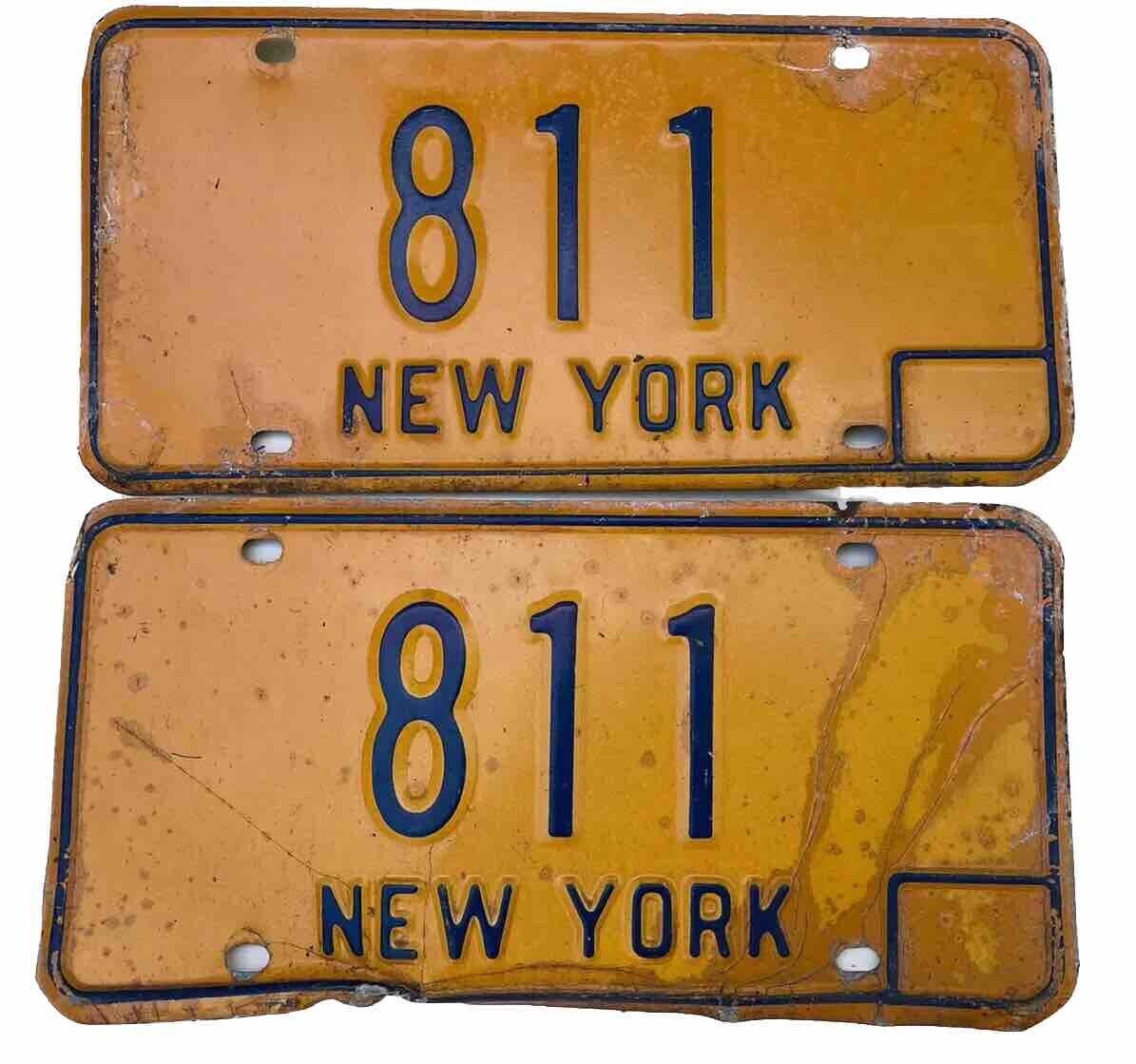 Pair New York License Plates #811 Orange Base 3 Digit VIP Man Cave August Vtg