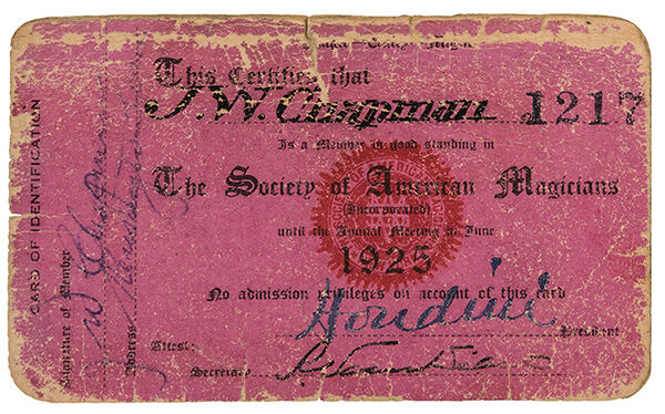 Houdini, Harry. Signed \'Society of American Magicians\' Membership Card Lot 560