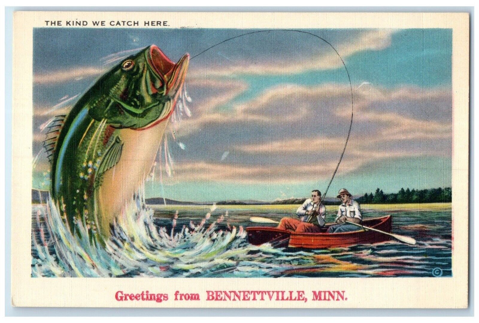 c1940 Greetings From Fishing Exaggerated Bennettville Minnesota Vintage Postcard