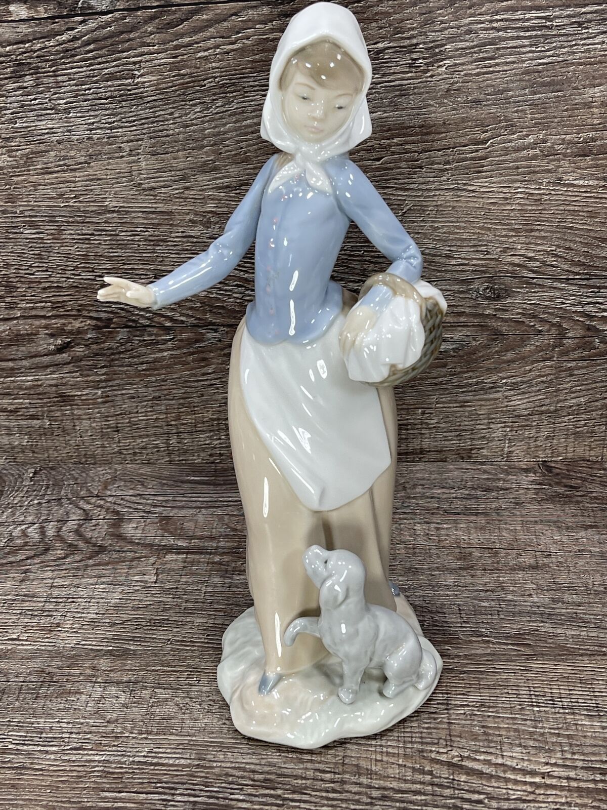 NAO By Lladro Girl Holding Basket And Puppy Dog, Hand Made In Spain
