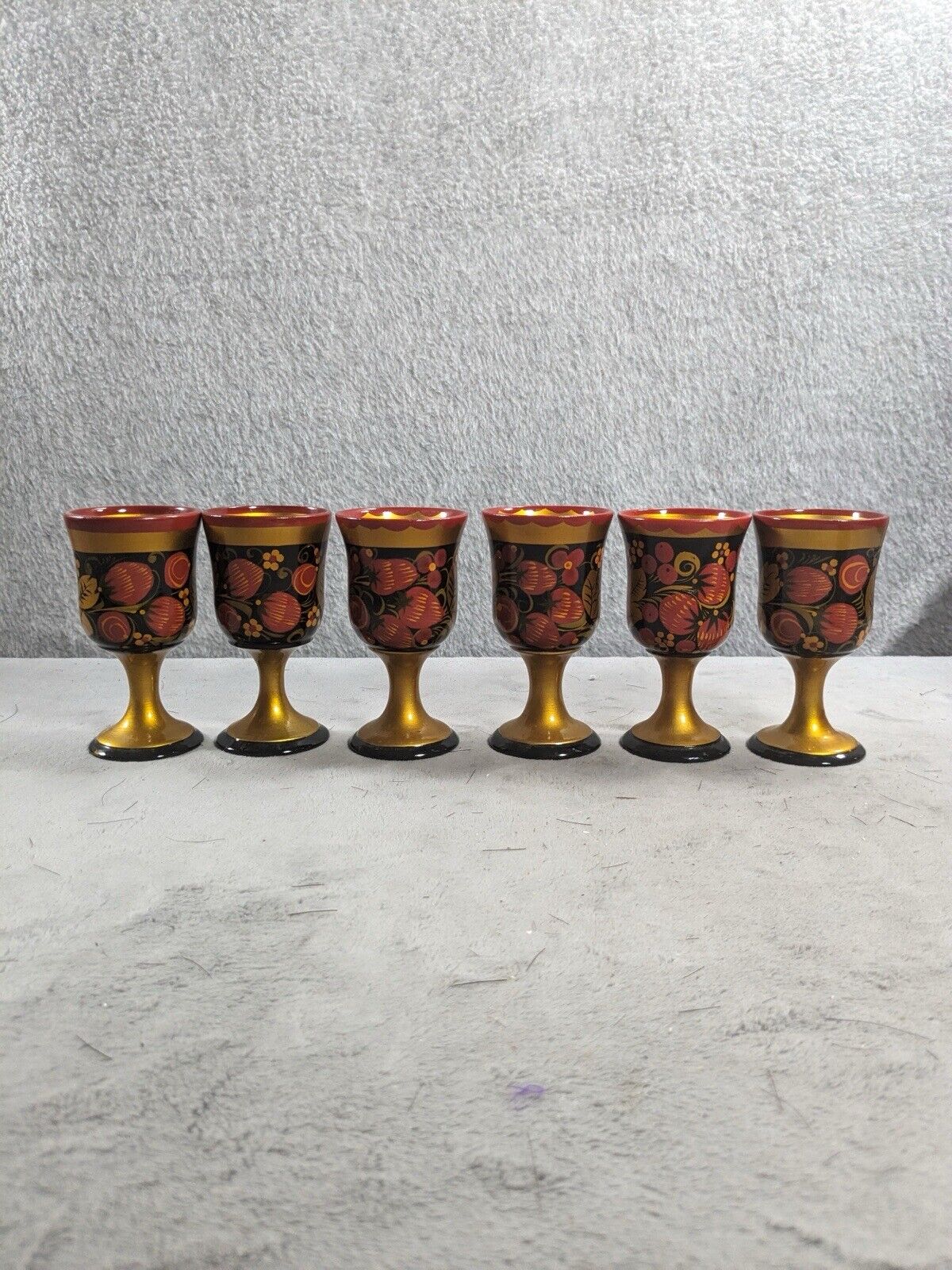 6 Vintage Russian Hand Painted Khokhloma Wooden Goblet Shot Glasses