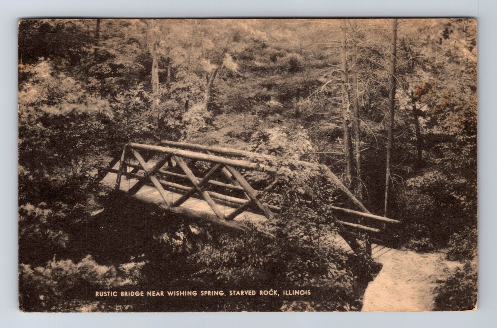 Starved Rock IL-Illinois, Rustic Bridge, Wishing Spring, Vintage c1937 Postcard