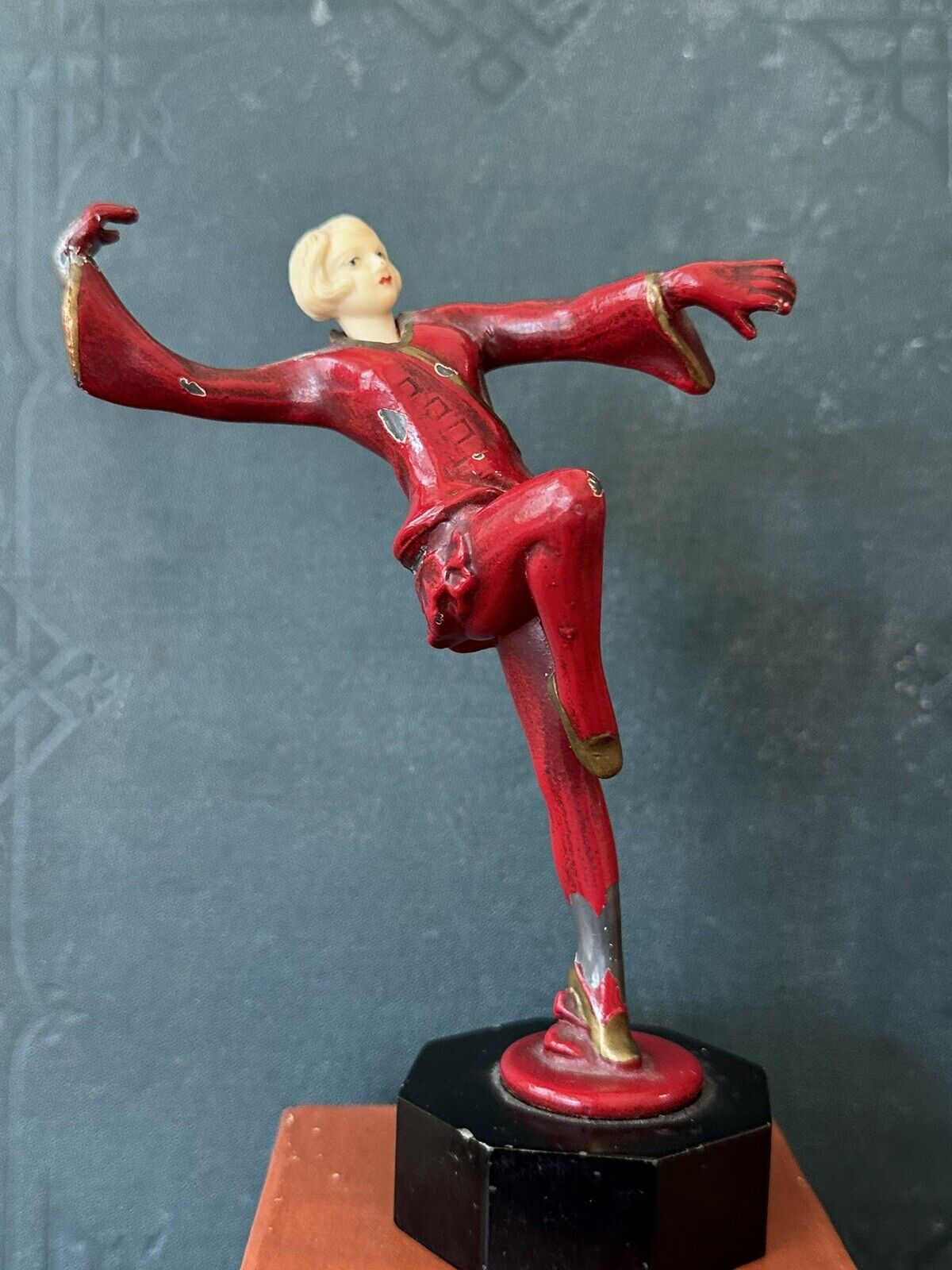 Vintage Art Deco J.B. Hirsch painted metal lady dancing lady statue on base
