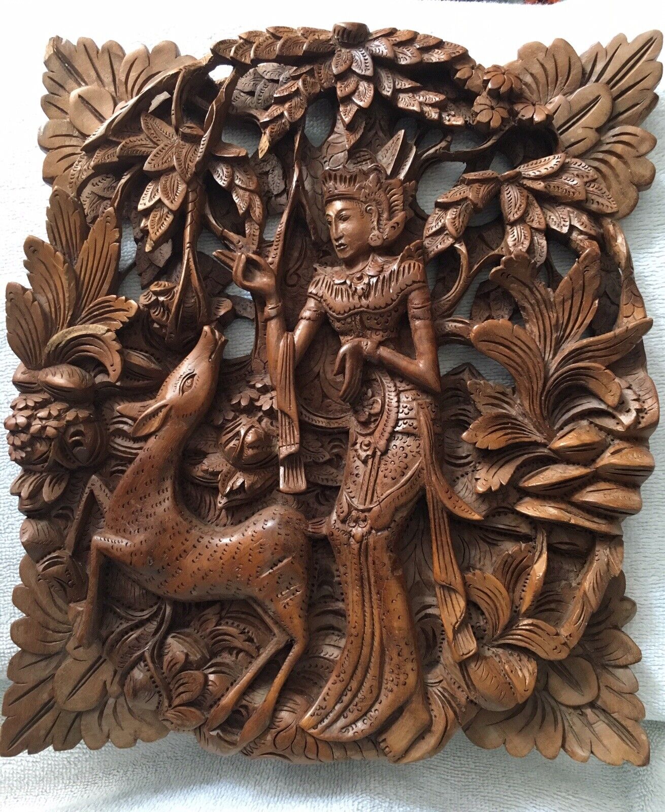 Hand Carved Balinese Relief Art Panel - Sita & Golden Deer from Hindu \
