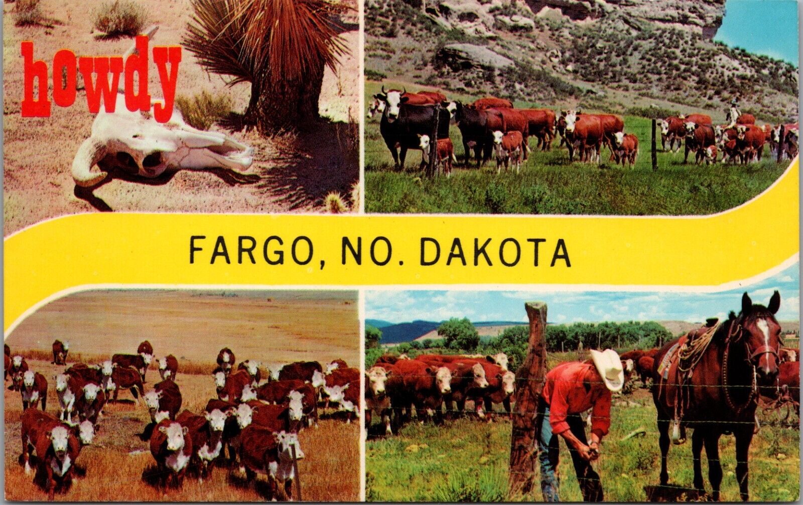 Fargo ND Cattle Cowboy Fence Repair Horse Howdy Multi View Skull Chrome Postcard
