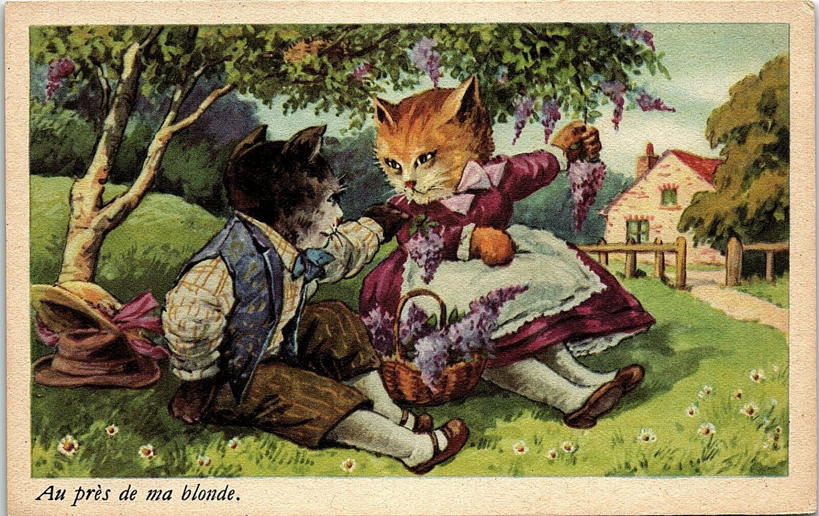 c1910 Anthropomorphic Cat Couple Au Pres de ma Blonde French Postcard 7-37