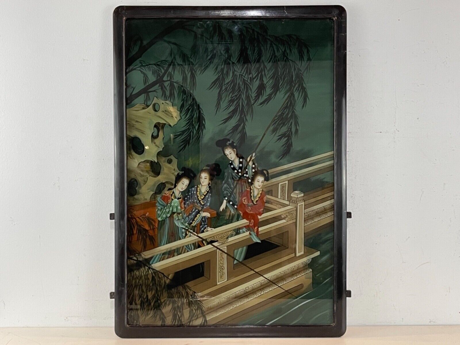 Vintage Likely Antique Chinese Reverse Glass Painting of a Woman Pole Fishing