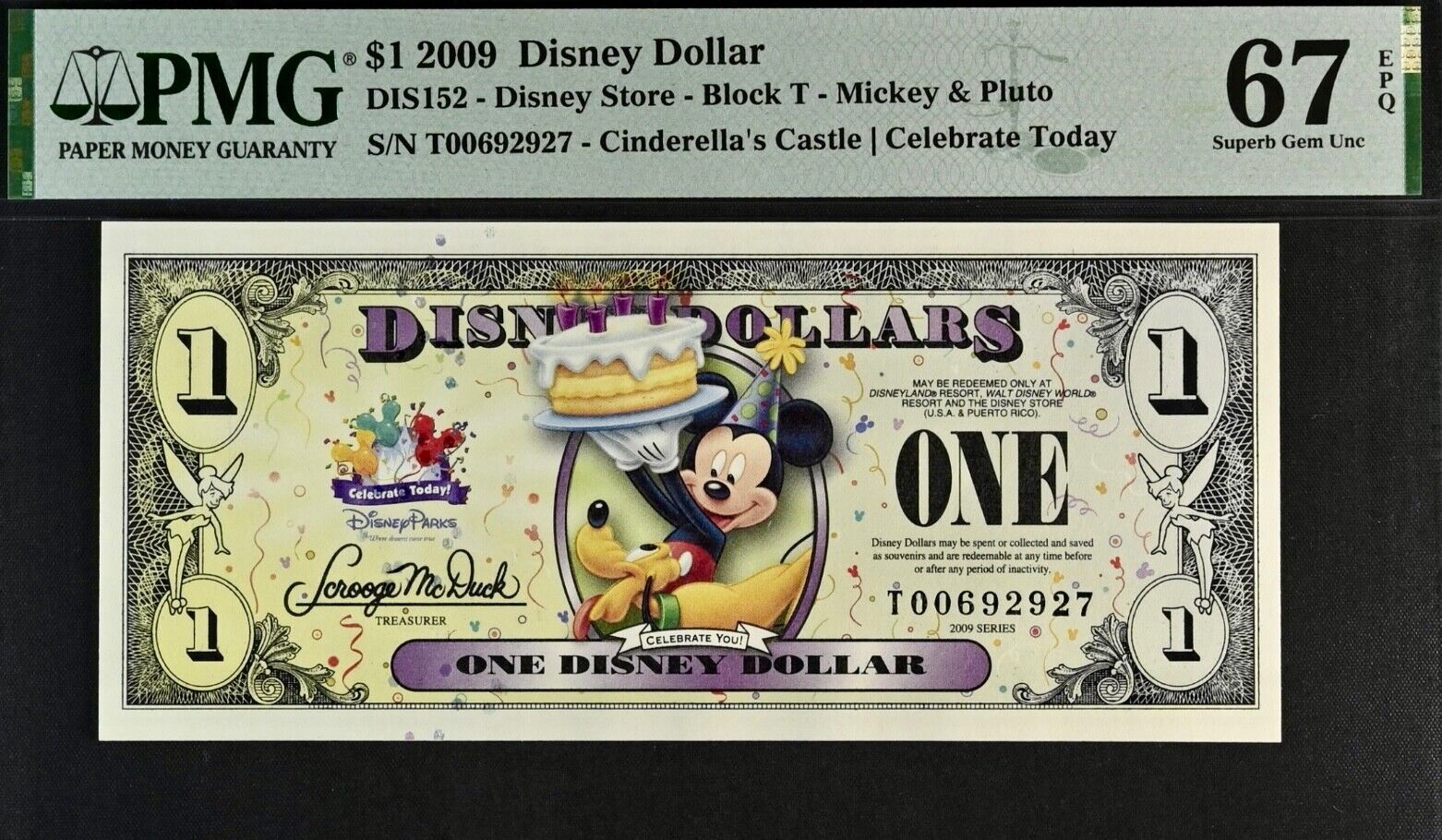 2009 $1 Disney Dollar Mickey & Pluto PMG 67 SUPERB GEM EPQ  (DIS152) T00692927