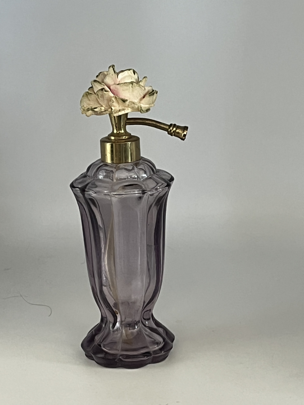Vintage Purple Fluted Glass Floral Perfume Bottle with Flower