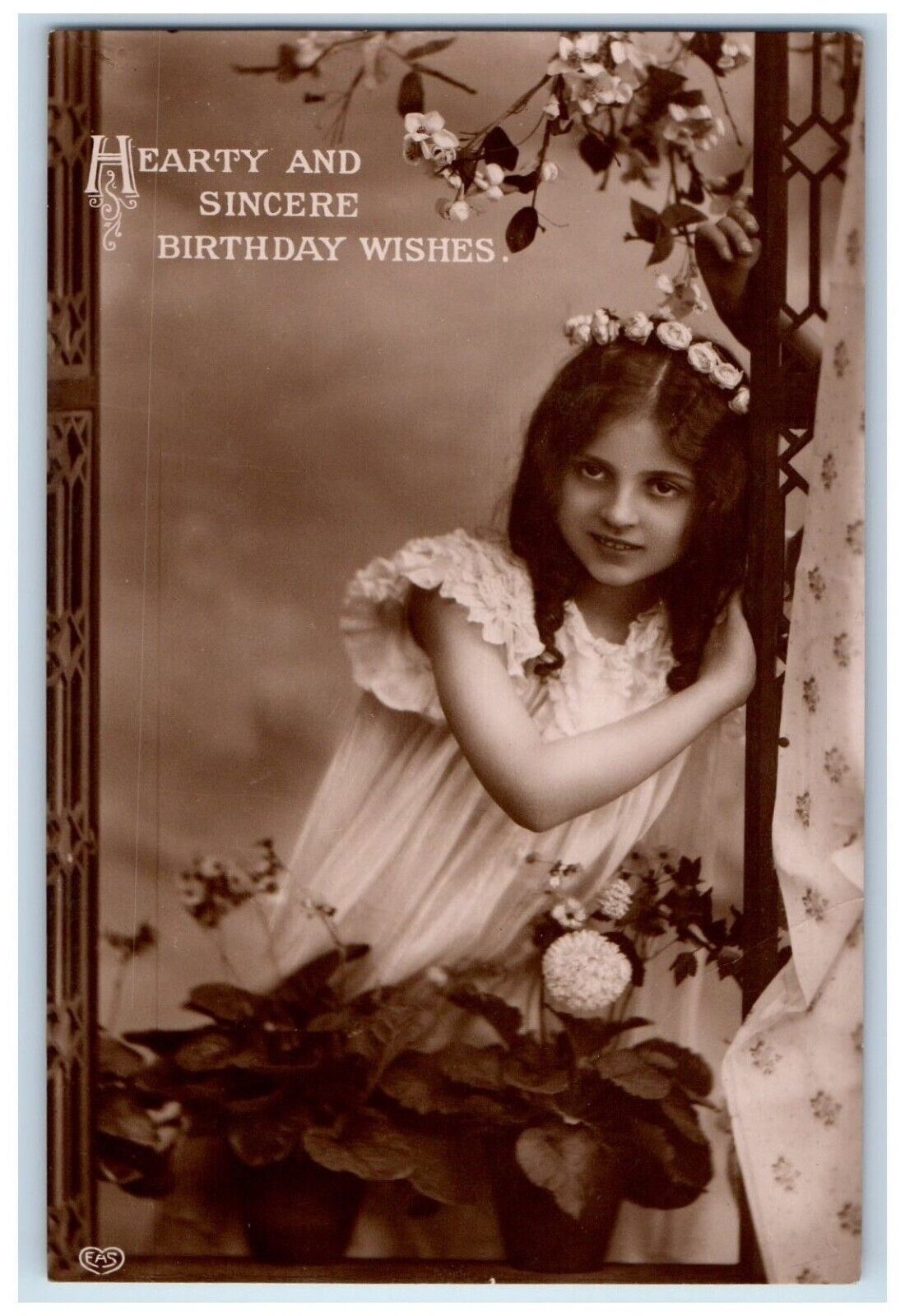 c1910's Birthday Wishes Little Girl Studio Portrait EAS RPPC Photo Postcard