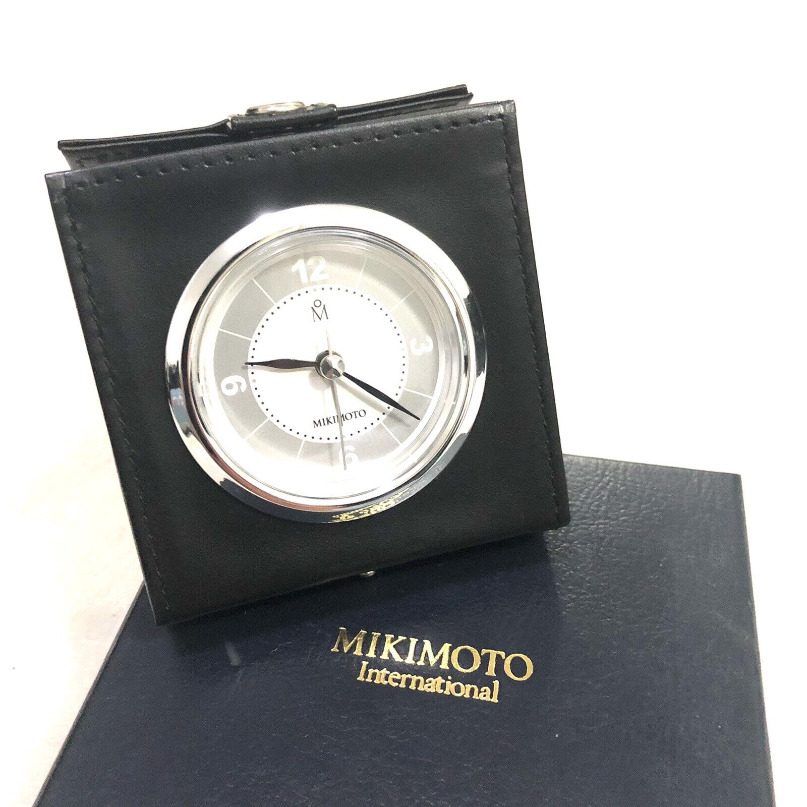 Mikimoto International Japan Silver Leather Square Desk Clock NEW Authentic