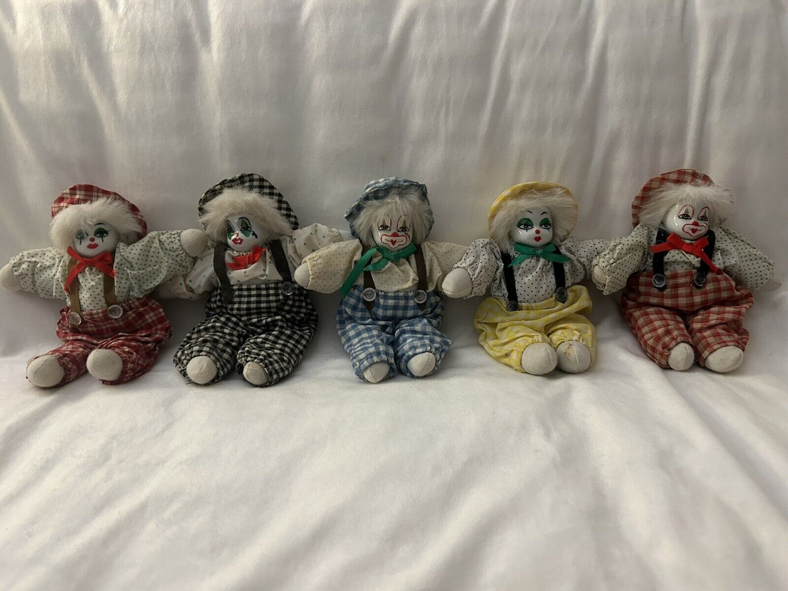 Set Of 5 Artmark Chicago LTD Porcelain Clowns With Overalls And White Hair
