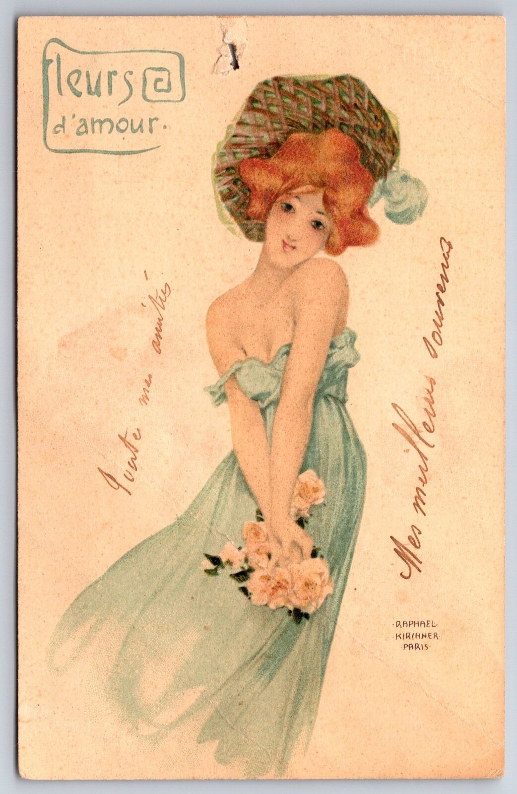 Raphael Kirchner~Lovely Redheaded Lady With Yellow Roses~Fleurs D'Amour~Paris
