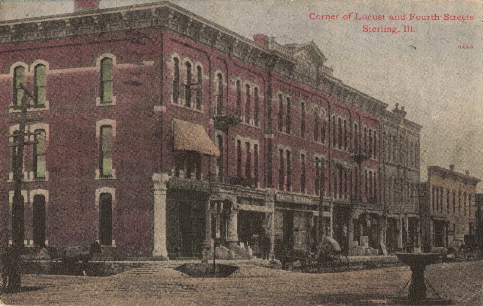 Corner of Locust & Fourth Streets, Sterling, Illinois IL - 1910 Vintage Postcard