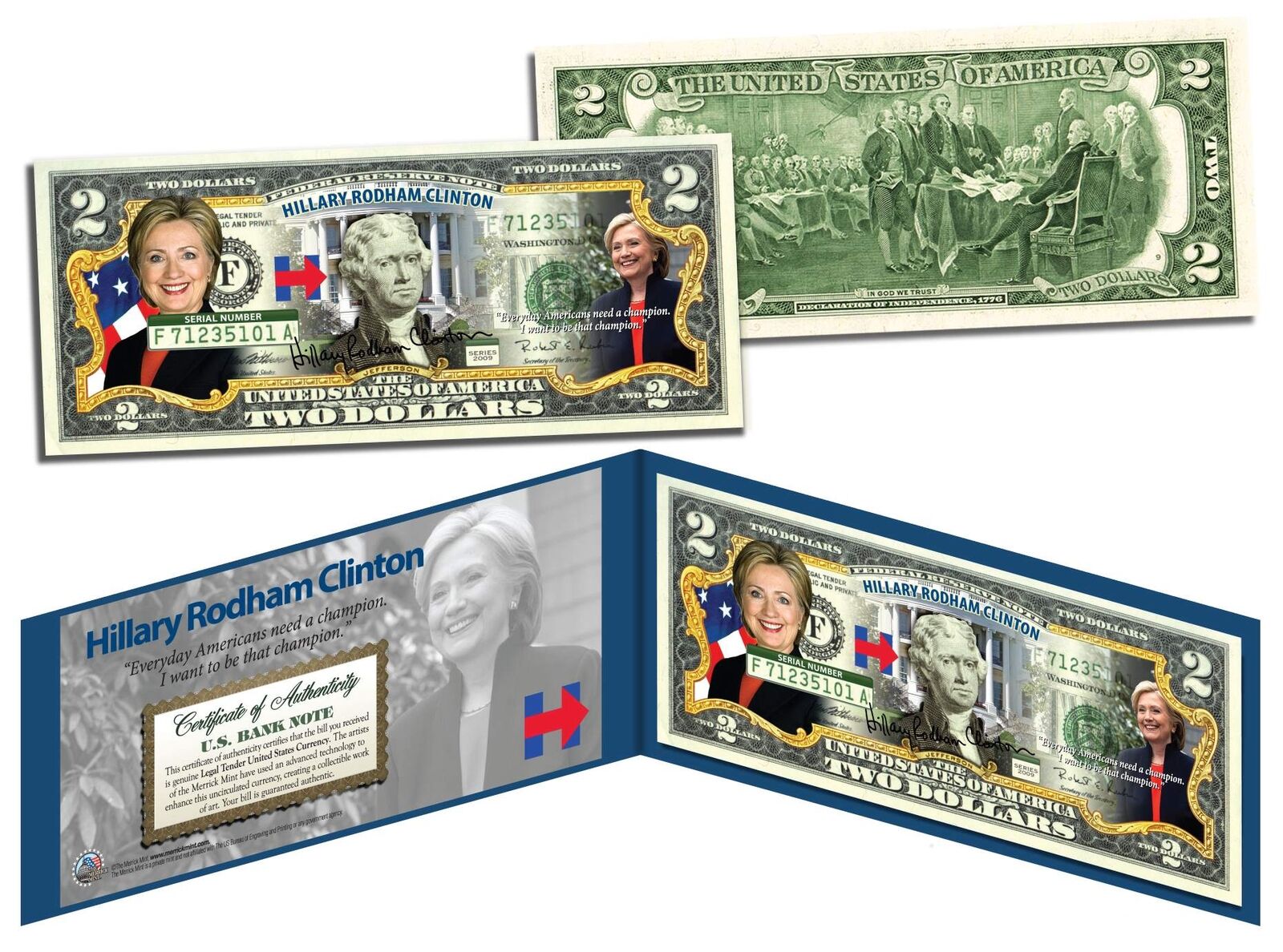 HILLARY RODHAM CLINTON Campaign 2016 President Colorized $2 Bill US Legal Tender