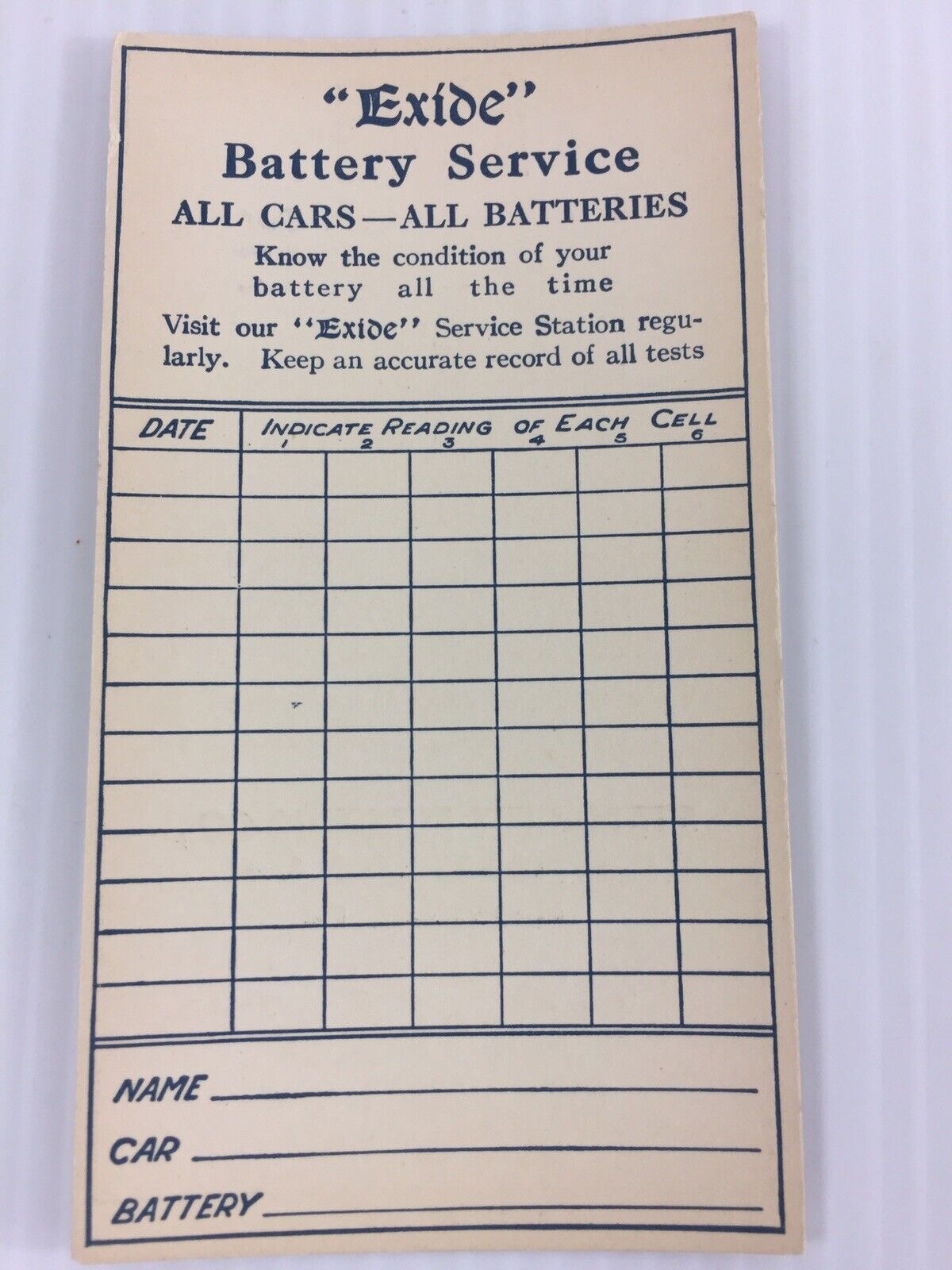 Antique “ Exide Batteries “~ Service Station Check List. Printed in 1920