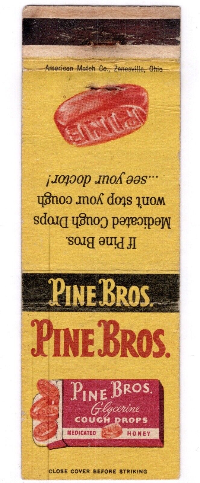 c1950s~Pine Bros~Glycerine Cough Drops~Medicine Ad~Vintage Matchbook Cover