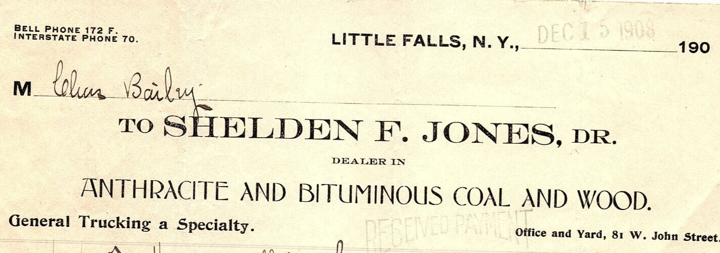 1908 LITTLE FALLS NY SHELDON F JONES ANTHRACITE BITUMINOUS COAL BILLHEAD Z5928