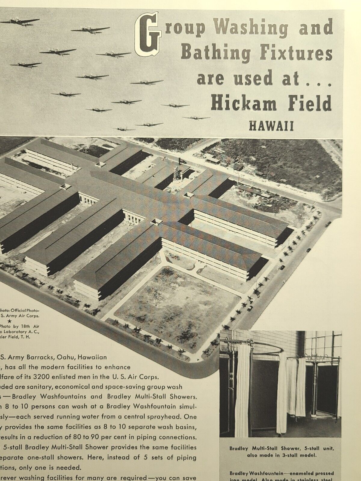 Bradley Washfountains and Showers Hickam Field Hawaii Vintage Print Ad 1941