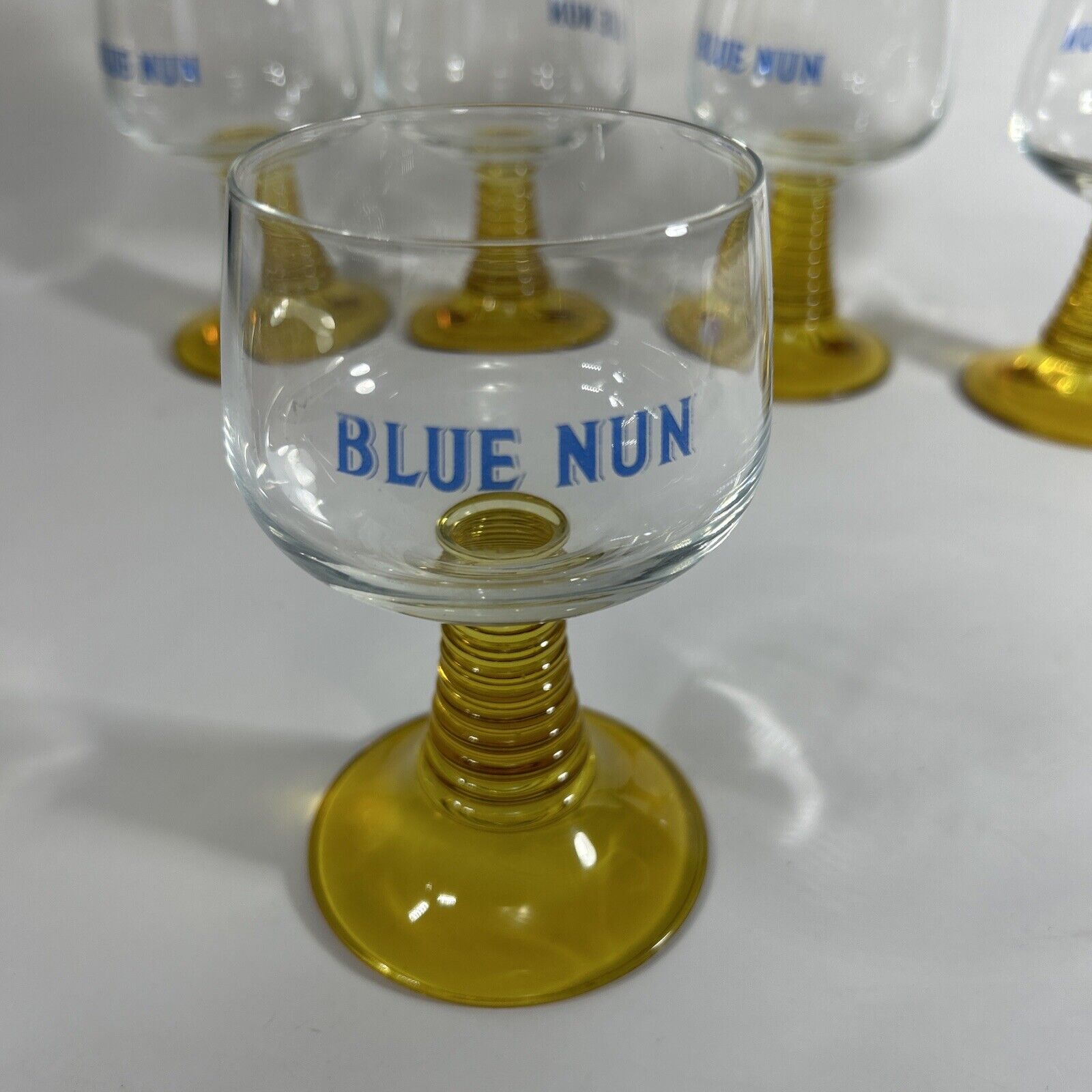 Vintage Amber  Glass Beehive, Stem, 6oz Wine Glass Etched Blue Nun  German