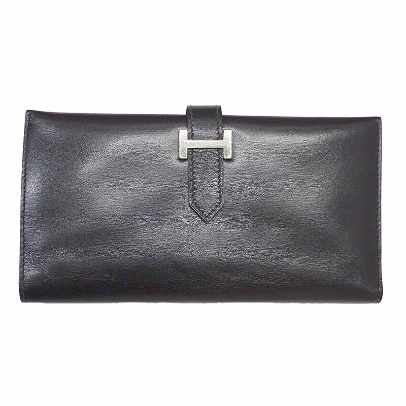 Hermes Bearn Classic Black Box Calf Bifold Wallet Long Purse Vintage VG