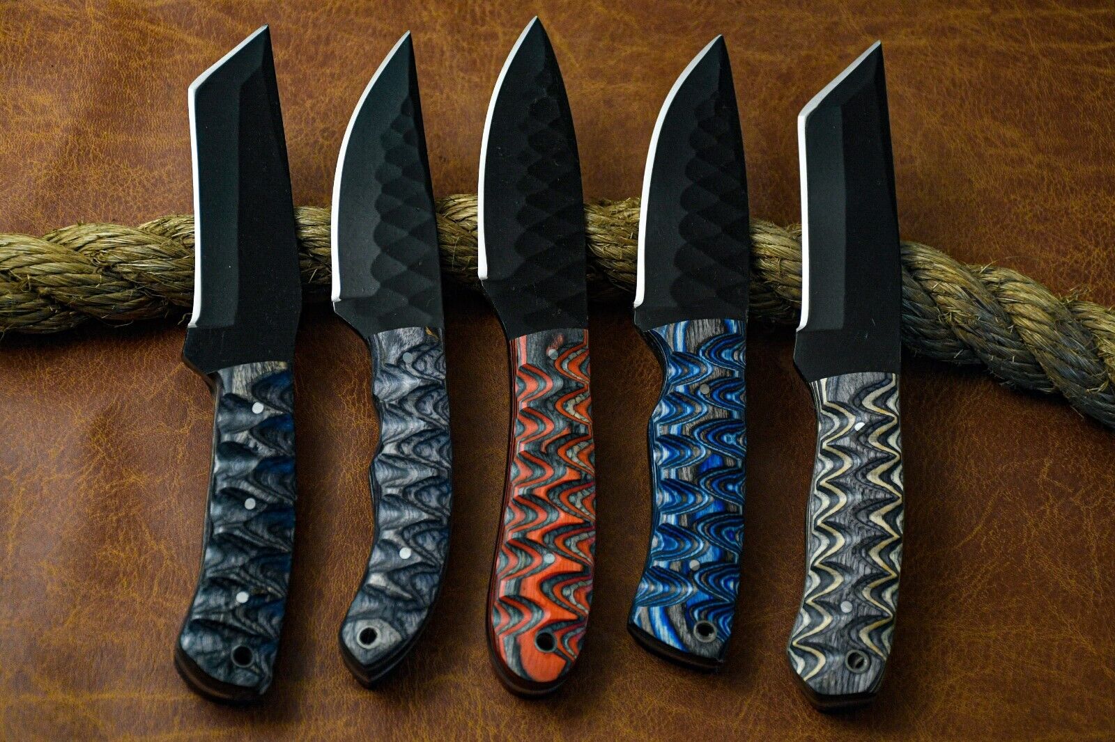 Lot Of 5 1095 Carbon Steel Hunting Knives With Leather Sheath 40