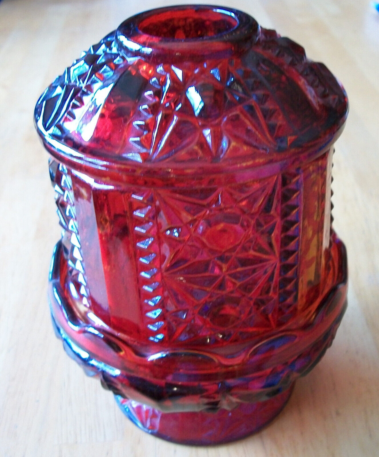 Vtg Indiana Glass Fairy Lamp Ruby Red Flash Stars & Stripes / Bars Candle Holder