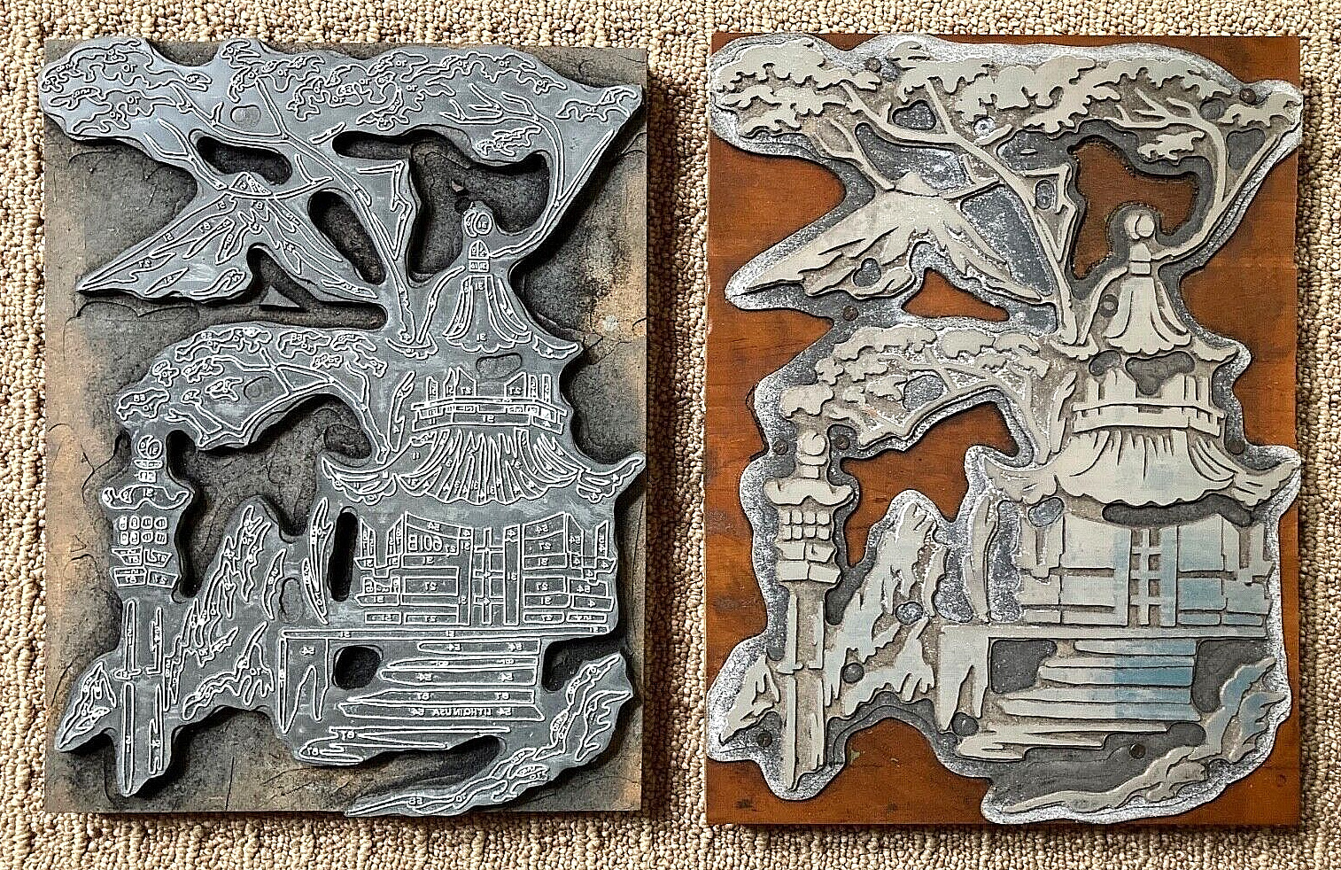 ANTIQUE PAINT BY NUMBER PRINTING PLATE BLOCKS ( JAPANESE PAGODA Mt FUJI c1960s )