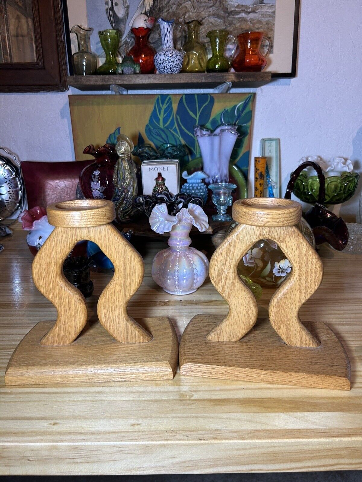 Set Of Handmade Signed Oak Wood Candle Holders Unique Shape 