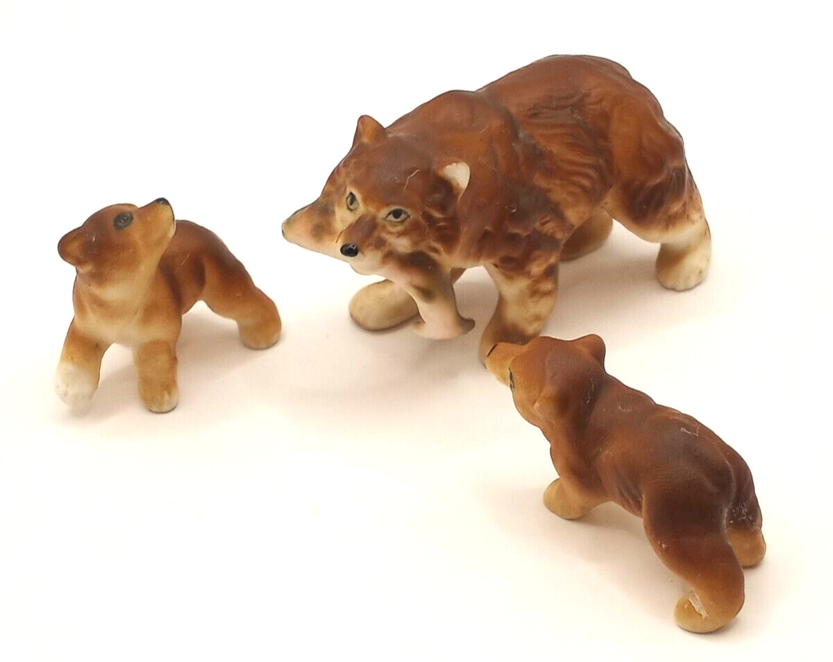 Miniature Ceramic Mother Bear Teaching her Cubs to Fish Figurines