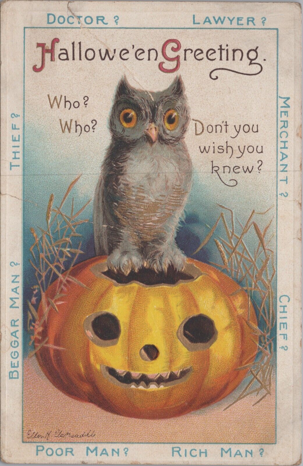 c1910s Postcard Halloween Greeting's Owl Pumpkin #4439 Ellen Clapsaddle 5724.2