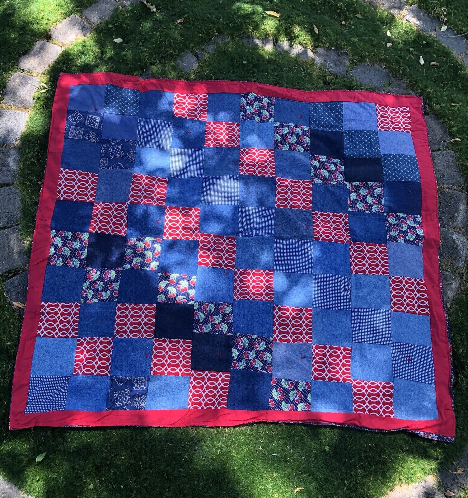 Vintage Quilt Denim Cherries Red blue Anchor Floral Rustic Has Flaws So Cute