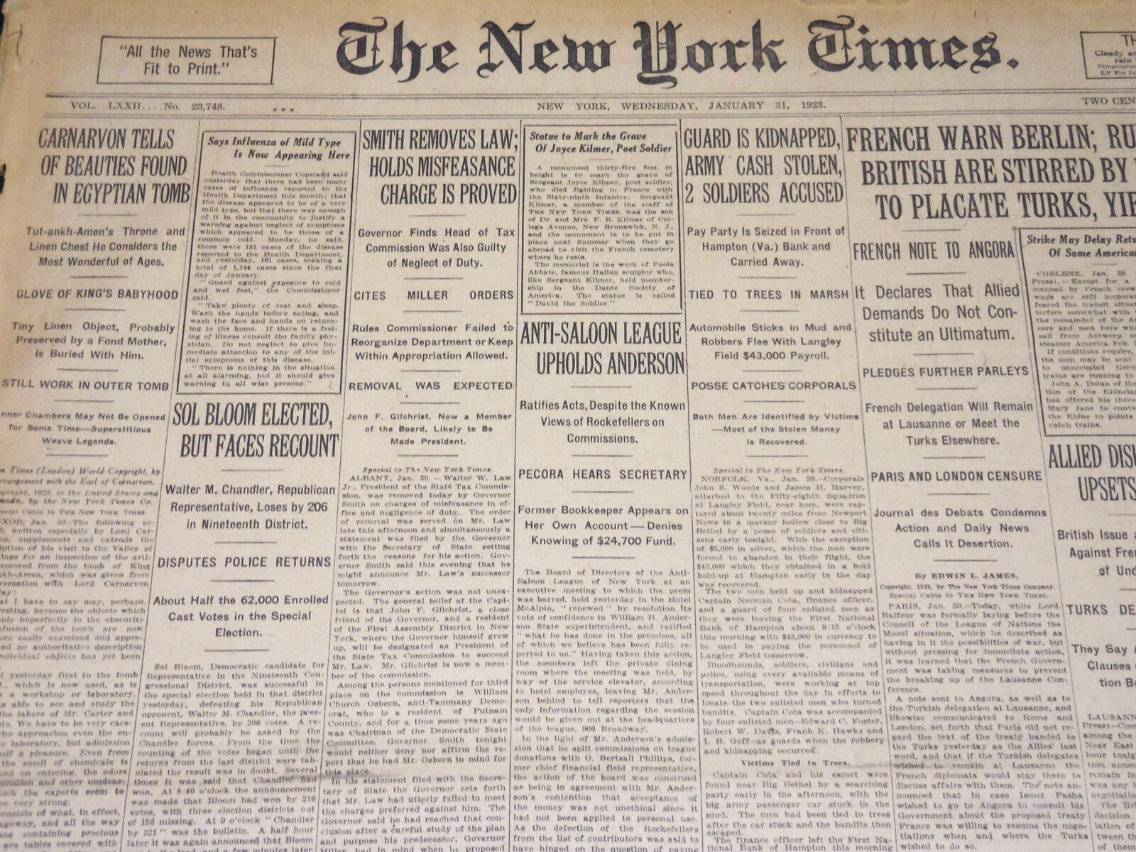 1923 JANUARY 31 NEW YORK TIMES- CARNARVON TELLS OF BEAUTIES FOUND TOMB - NT 7896