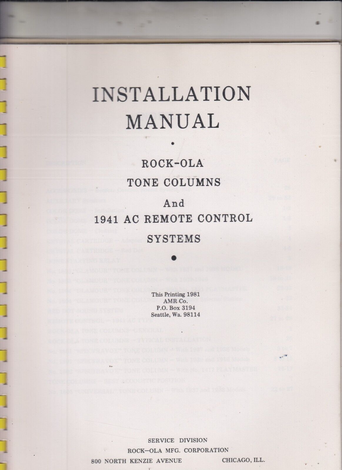 1941 ROCK-OLA Jukebox Tone Columns & AC Remote Control Installation Manual