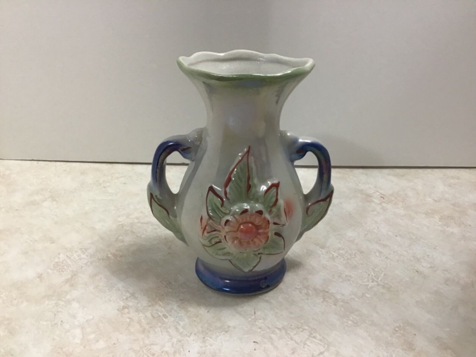 Nice Luster Vase Blue Handles And Around Base Pink Flower Green Trim , Two Handl