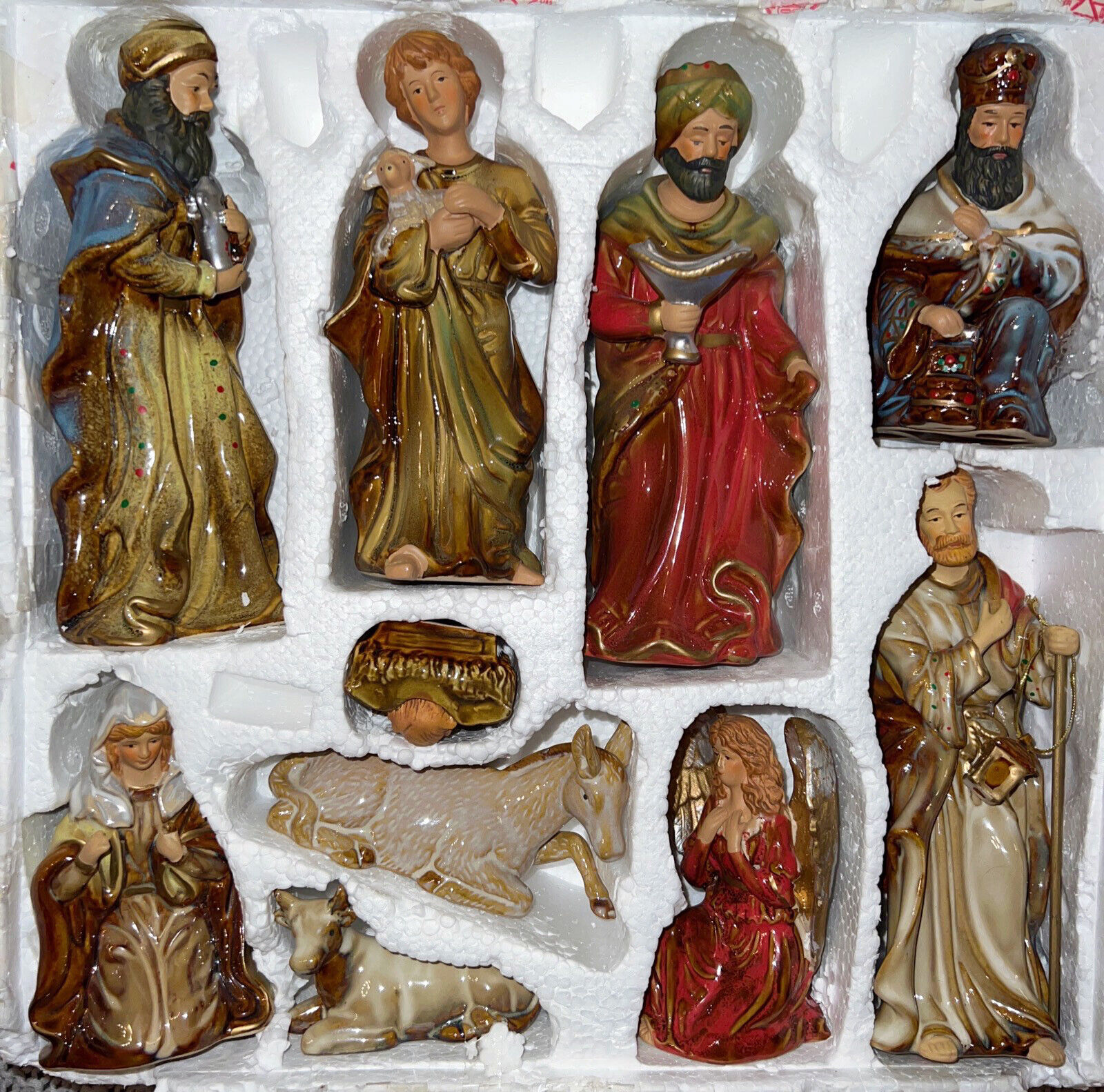 Gorgeous Glazed Ceramic Nativity Set Nine Figures 9 Pc Holy Night