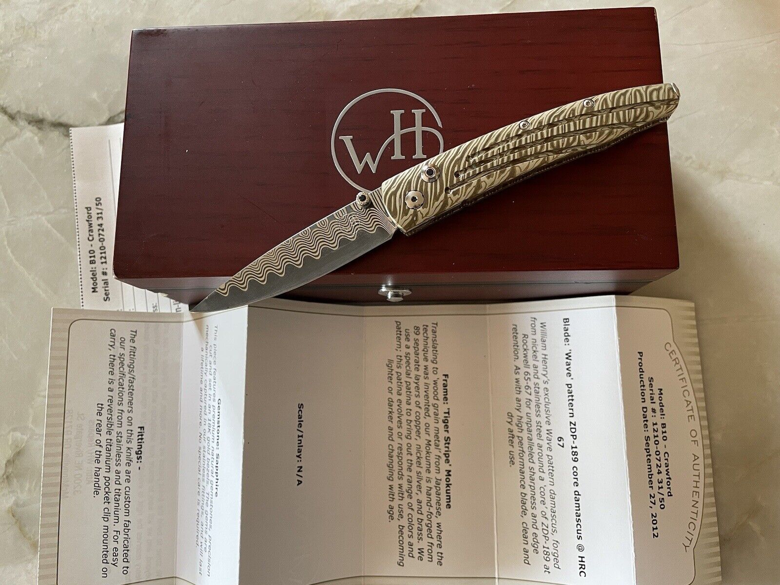William Henry B10 Lancet CRAWFORD Folding Knife Damascus Sapphire 1 of 50 LE
