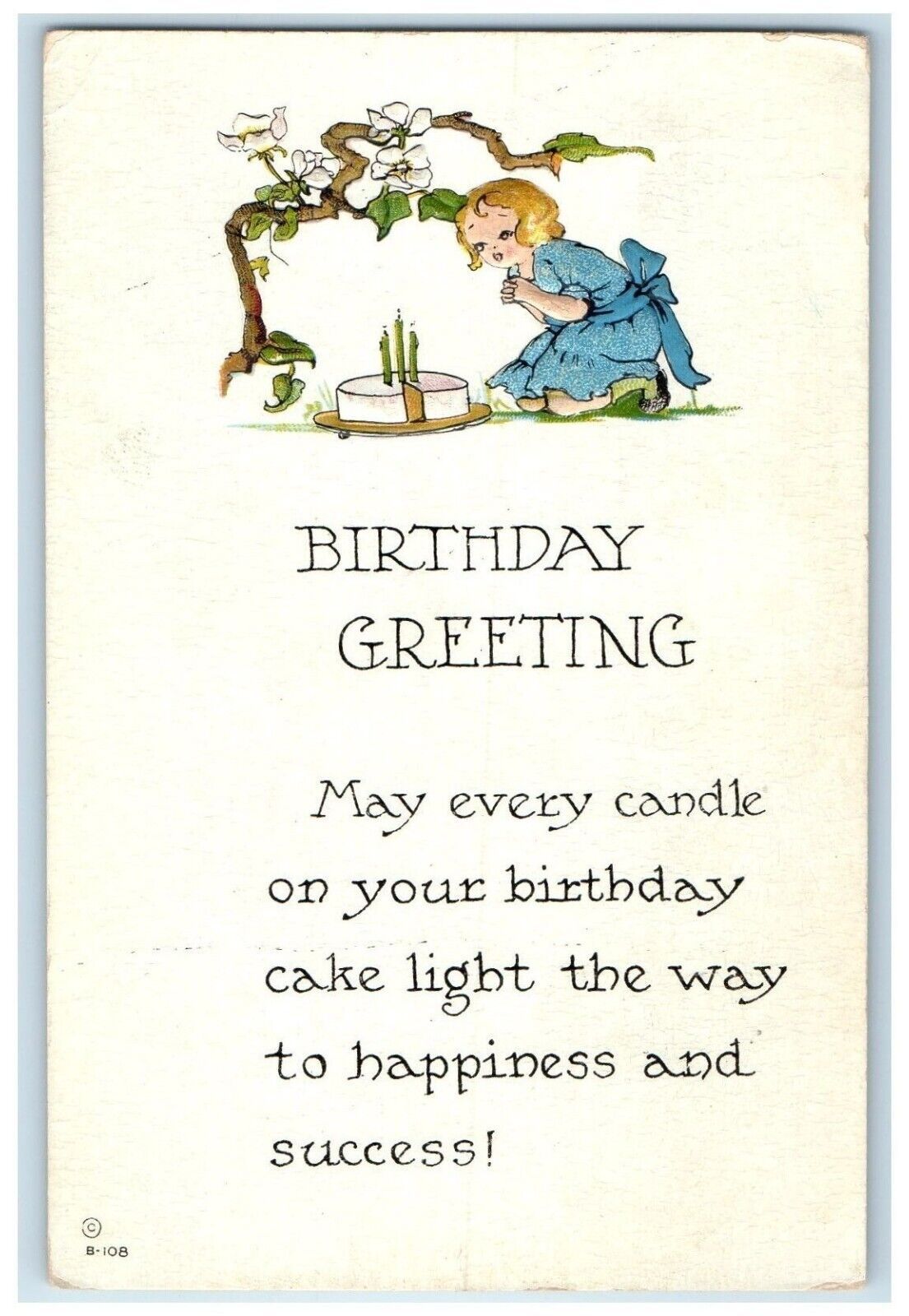 c1910's Birthday Greeting Girl Blowing Cake Flowers Embossed Antique Postcard