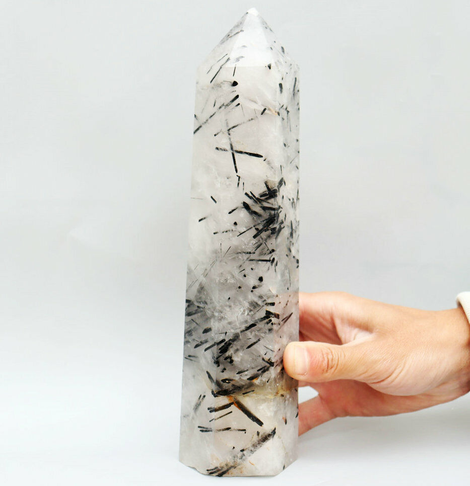 3.38lb Natural Clear Black Tourmaline Quartz Crystal Obelisk Wand Point Healing