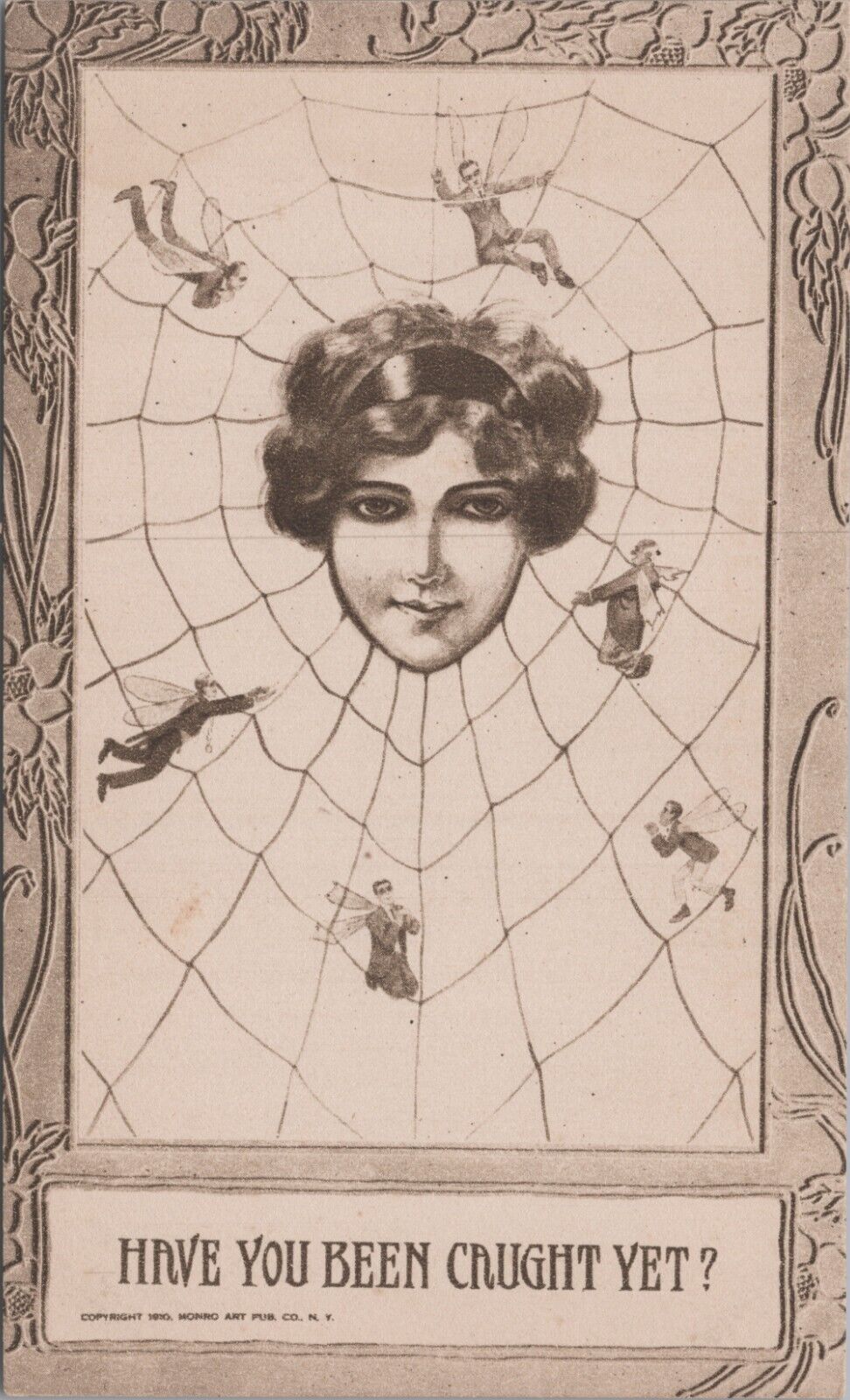 Art Nouveau c1910s Have you been caught yet woman spider web men as flies 6640d2