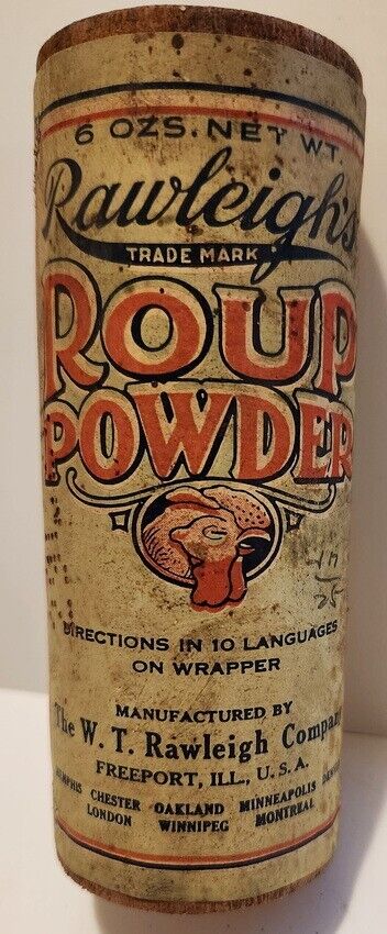 Antique Rawleigh\'s Roup Powder Cardboard with Paper Label, Wooden Caps Unopened