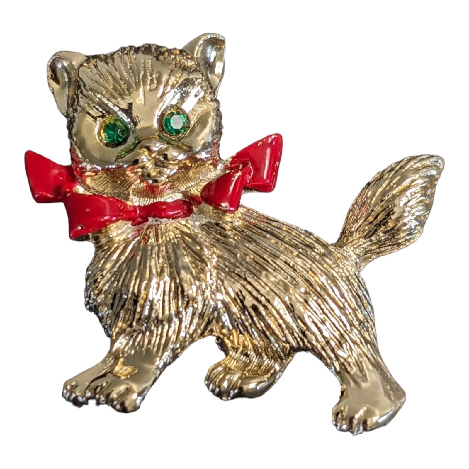 Cat Pin Green Eyed Cat  Gold-tone Brooch Vintage Cat With A Bow